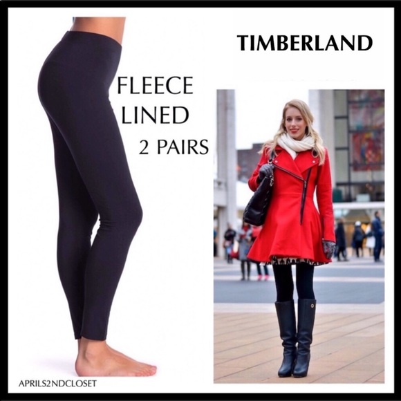 TIMBERLAND 2 BLACK FLEECE LINED LEGGINGS COZY FOOTLESS TIGHTS A3C - Picture 7 of 16